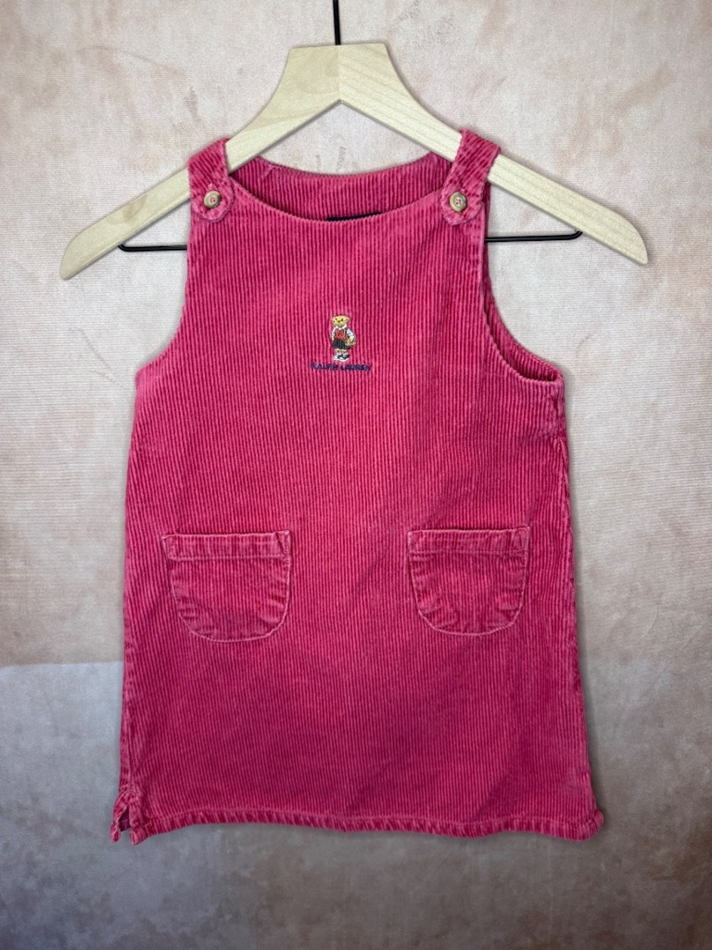 Vintage 90s Ralph Lauren Polo Bear Pink Corduroy Jumper Overall Dress Girls 6